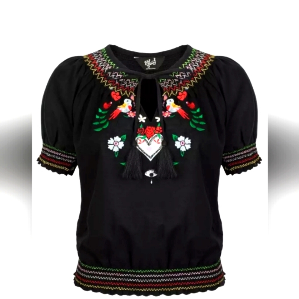 Hell Bunny Tessie Blouse Floral Bird Boho Embroidered Tassel Neck Bow Tie - Picture 2 of 2